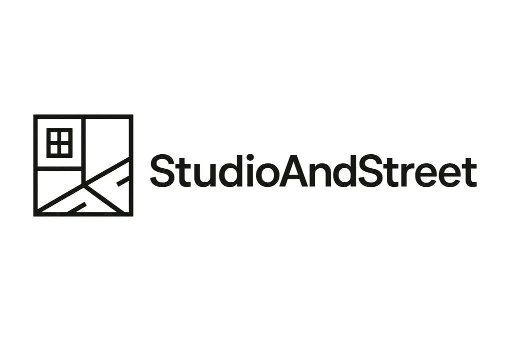 StudioAndStreet wide logo — abstract studio/street icon with wordmark, header/social format